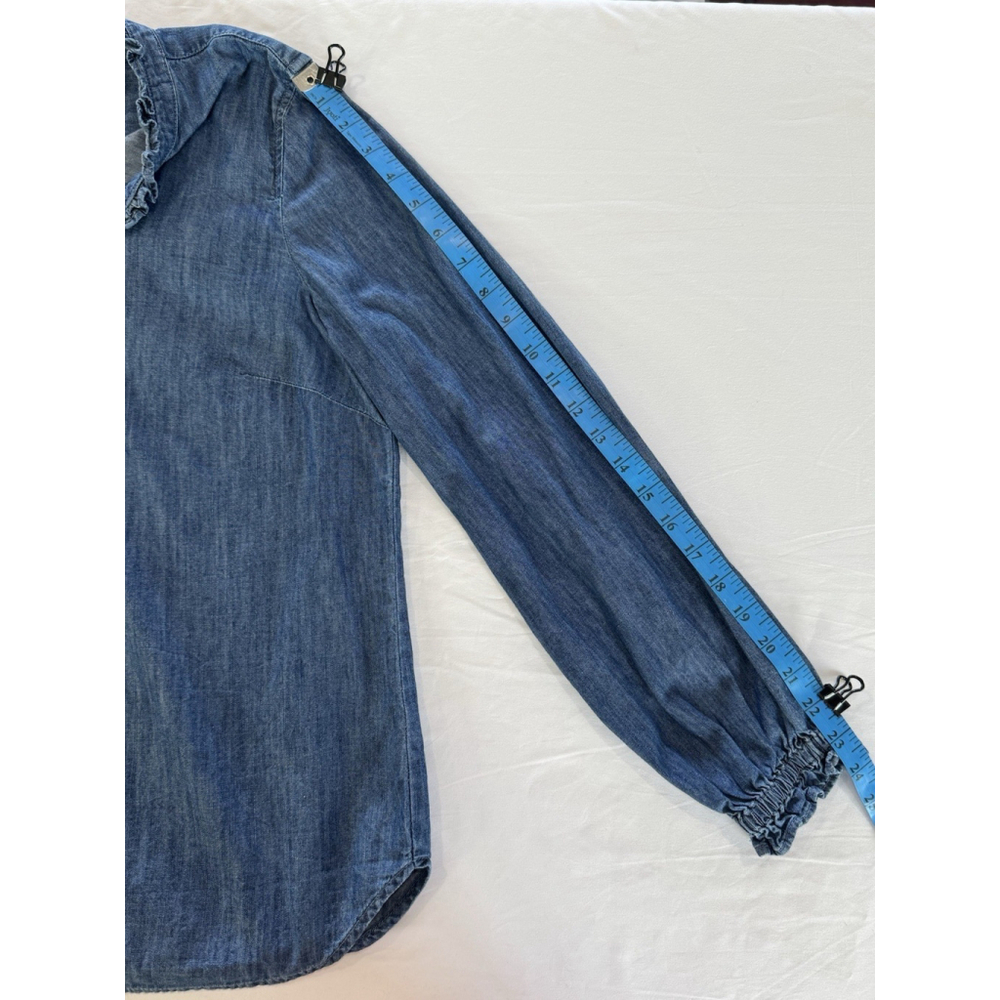 Talbots Womens L Denim Chambray Top Ruffle Neck Henley Blouse Long Sleeve - Picture 7 of 8